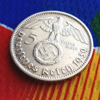 Ww2 German 5 Mark Silver Coin 1939 J Third Reich Swastika Reichmark photo