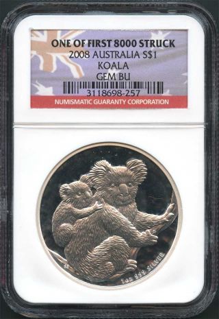 2008 Australia Koala Silver Dollar Ngc Gem Bu One Of First 8,  000 Struck photo