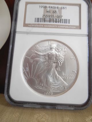 1998 American Silver Eagle Ngc Graded Ms 68.  1 Oz.  999 Silver Us Bullion Coin photo