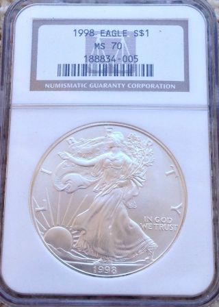 1998 Silver Eagle 1 - Oz Dollar Ngc Ms - 70 Perfect Coin No Spots,  No Toning photo