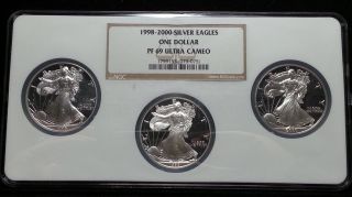 1998 - 2000 Silver Eagles One Dollar Pf 69 Ultra Cameo In Multi Holder photo