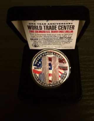 2002 World Trade Center 1st Anniversary Silver Eagle Dollar.  999 1oz photo