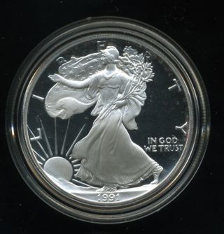 1991 Proof Silver American Eagle 1 Oz.  Fine Silver With Boxes And photo