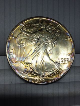 1990 Silver American Eagle One Dollar One Ounce Coin Rainbow Toning 2 photo