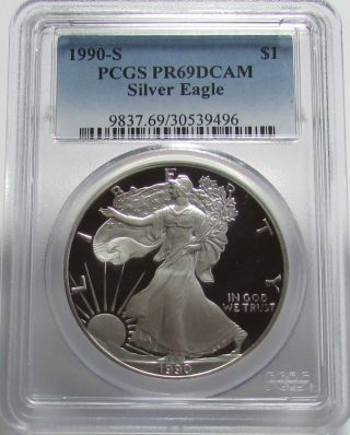1990 - S Pcgs Pr 69 Dcam Silver American Eagle 1 Oz Proof Silver Bullion Coin photo