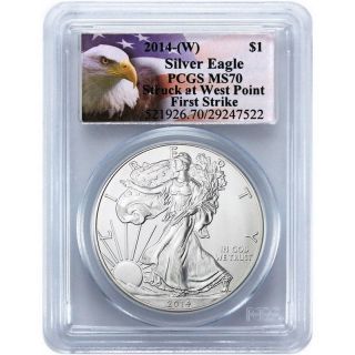 2014 1 Oz Silver American Eagle Ms70 Pcgs (w) West Point Eagle Label - First Strike photo