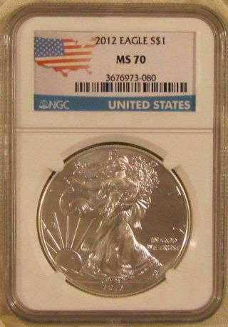 2012 Silver American Eagle 1 Oz Ngc Ms - 70 American Flag Label photo