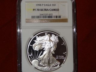 1998 P Pr00f Silver American Eagle Ngc Pf 70 Ultra Cameo photo