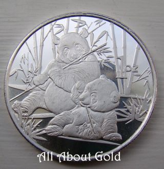 Solid Silver Round 1 Troy Oz Panda Momma Baby Bear Great Wall China.  999 Fine Bu photo