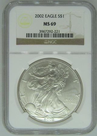 2002 Ngc Ms69 1oz American Silver Eagle $1 Coin - 221 - D1 photo