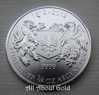 2012 Silver Coin 3/4 Troy Ounce War Of 1812 Canada Maple Lion Eagle.  9999 Bu photo