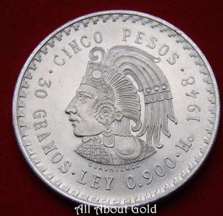 1948 Silver Coin Asw.  8681 Ounce Mexico Cuauhtemocs 5 Pesos Aztec People Au photo