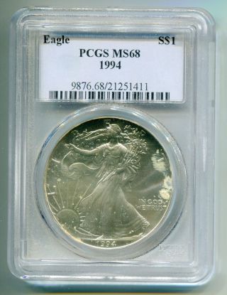 Great Gift Pcgs Ms68 1994 American Silver Eagle,  1 Oz.  Fine Silver Bullion photo