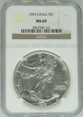 1992 Ngc Ms69 1oz American Silver Eagle $1 Coin - 121 - D1 photo