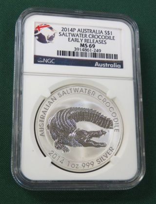 2014 - P Australia 1 Oz Silver Saltwater Crocodile $1 Coin Early Releases Ngc Ms69 photo