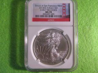 2014 S Silver Eagle Early Release Ms70 By Ngc Struck At San Fran. photo