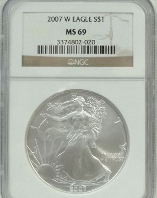 2007 - W (burnished) Silver American Eagle,  Ngc,  Ms - 69,  1oz Silver,  Ase,  543 photo