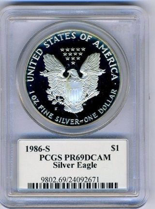 1986 - S American Silver Eagle Pcgs Pr69 Dcam Mercanti Signed Label photo