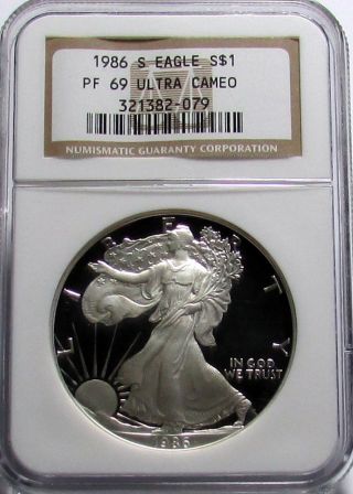 1986 - S Silver Eagle Proof Ngc Pf69 Ultra Cameo 1 Oz.  Bullion Coin - Brown Label photo