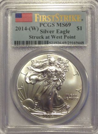 2014 - (w) $1 Silver Eagle Pcgs Ms69 West Point First Strike,  State,  1 Oz photo