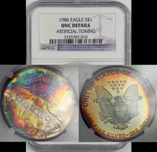 1986 Silver Eagle $1 Unc Details Ngc Artificial Toning Monster Rainbow Color photo