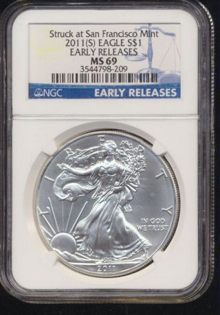 2011 S American Silver Eagle Blue Ngc Label Ms69 Early Releases 8358 photo