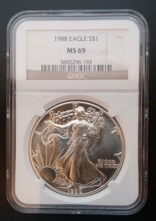 U.  S.  1988 1 Ounce Oz Silver Eagle Bullion Coin Ngc Ms69 photo