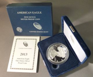 2013 - W American Silver Eagle S$1 Dollar Proof Coin 1oz.  999 - Box & photo