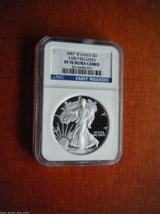 2007 W Proof Silver Eagle Ngc Pf70 Ultra Cameo Blue Early Release Label photo