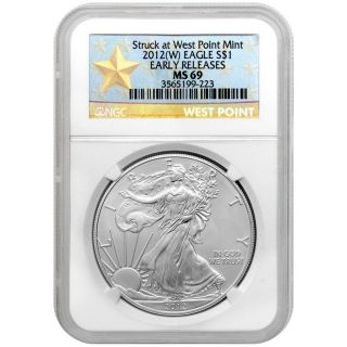 2012 W Silver American Eagle Ms69 Er Struck At West Point Ngc Star Label (a) photo