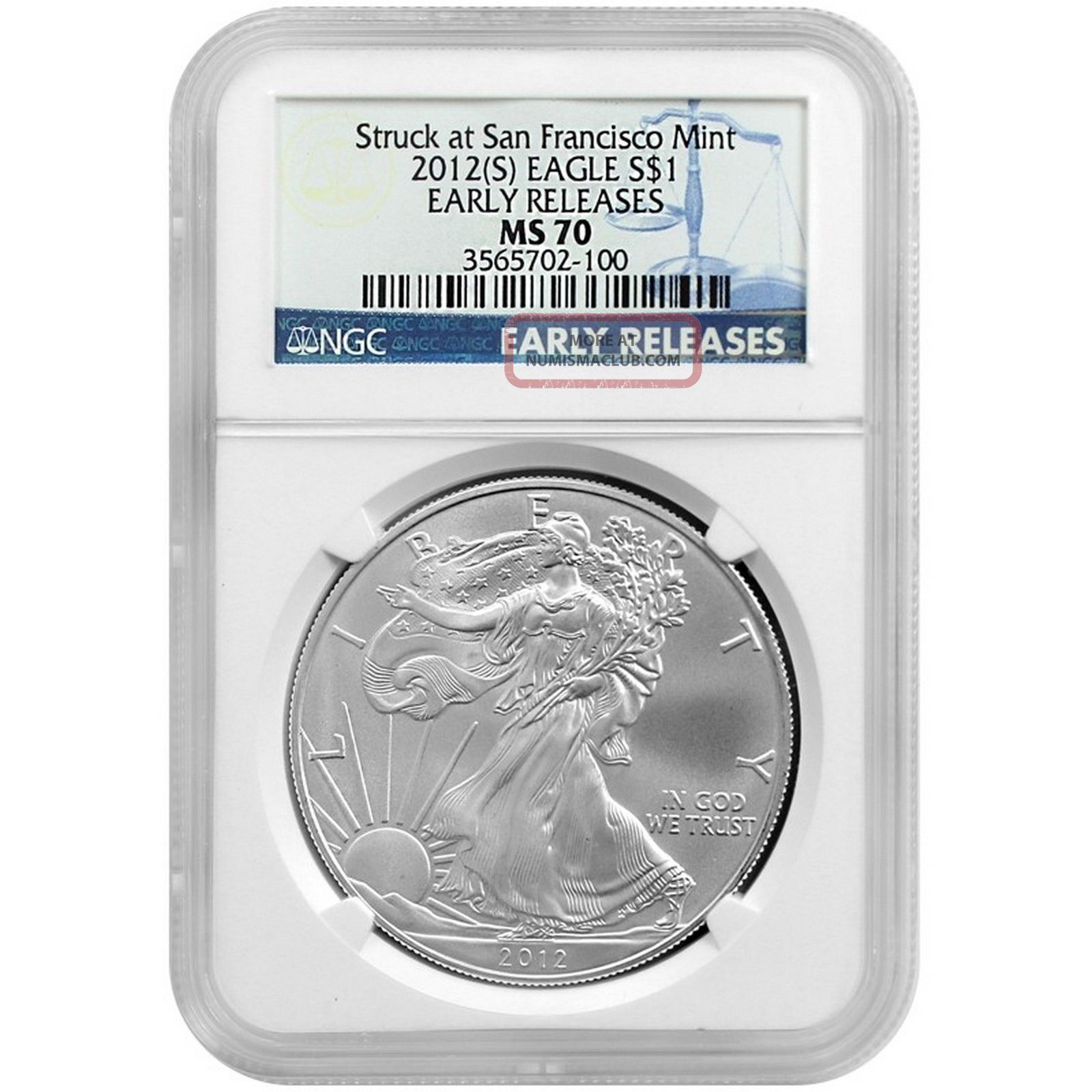 2012 S Silver American Eagle Ms70 Er Struck At San Francisco Ngc Blue Label (a)
