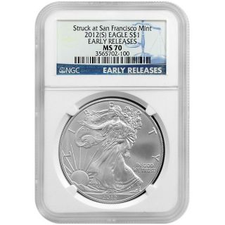 2012 S Silver American Eagle Ms70 Er Struck At San Francisco Ngc Blue Label (a) photo