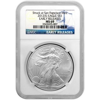 2012 S Silver American Eagle Ms69 Early Release Ngc Blue Label (a) photo