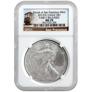 2012 S Silver American Eagle Ms70 Early Release Ngc Trolley Label (a) photo