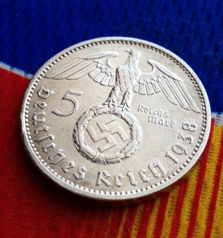 Ww2 German 5 Mark Silver Coin 1938 A Third Reich Swastika Reichmark photo