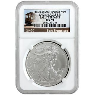 2012 S Silver American Eagle Ms69 Early Release Ngc Trolley Label (a) photo