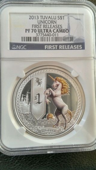 2013 Tuvalu 1oz Unicorn First Release Ngc Pf70 Ultra Cameo Mythical Creatures photo