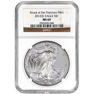 2012 S Silver American Eagle Ms69 Struck At San Francisco Ngc Brown Label (a) photo