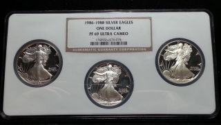 1986 - 1988 Silver Eagles One Dollar Pf 69 Ultra Cameo In Multi Holder photo