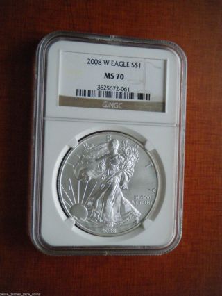 2008 W Burnished Silver Eagle Ngc Ms70 Traditional Gold Label.  See My Others photo