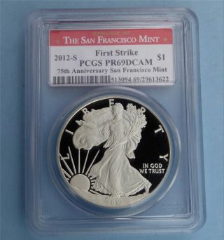 2012 S Pcgs Proof 69 Deep Cameo First Strike Silver Eagle,  Red 75th Ann Label photo