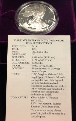 1993 American Silver Proof Eagle Coin (1oz) W/ Box And photo