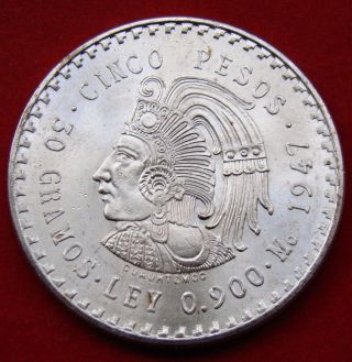 Silver Coin 1947 Mexico Mexican Cuauhtemocs 5 Pesos Asw.  8681 Oz Aztec Indian Au photo