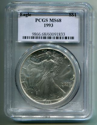 Great Gift Pcgs Ms68 1993 American Silver Eagle,  1 Oz.  Fine Silver Bullion photo