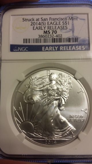 2014 (s) Silver American Eagle Coin Ms 70 Early Release Ngc photo