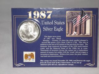 1987 American Silver Eagle.  999 - 1 Ozt Uncirculated With 1989 Eagle Stamp photo