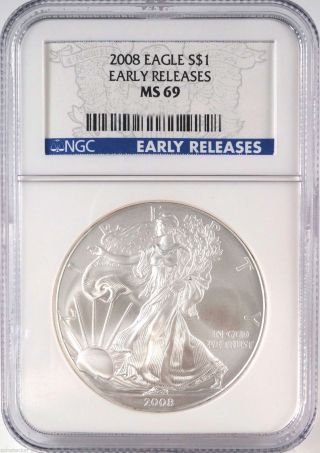 2008 Silver Eagle Ngc Certified Ms69,  Early Releases Ms 69 Blue Label S$1 photo