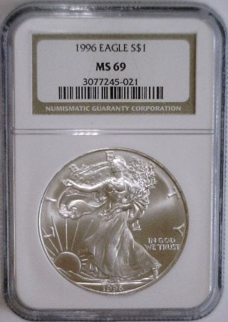 1996 $1 Silver American Eagle Ngc Ms 69 1 Troy Oz.  Bullion Coin - Brown Label photo