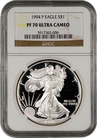 1994 P $1 Ngc Pf70 Ucameo American (proof Silver Eagle) - Pr70 Rare Key Date 1 photo