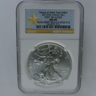 2012 - W American Eagle Silver Dollar 1st Releases West Point - Box 12 - Ngc Ms69 photo